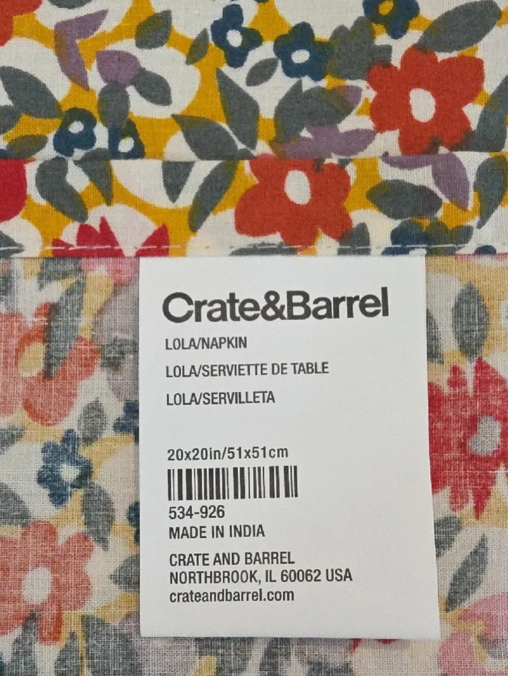 Crate&Barrel NWOT Lola Floral Red Yellow Teal Pink Cotton Napkins Set of 6